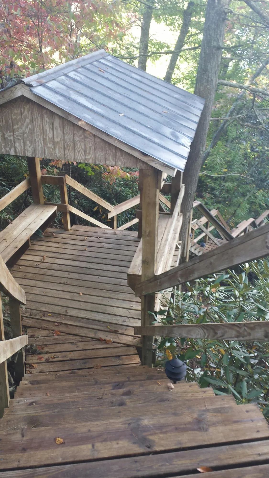 Metal roofed shelter over wooden steps on a wooded walkway — Skylight Repair & Installation work by our crew in Hooppole